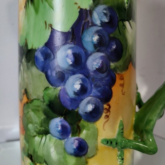 VINTAGE HUGE 15" JPL LIMOGES HAND PAINTED GRAPES DRAGON HANDLE TANKARD PITCHER - Picture 3 of 16